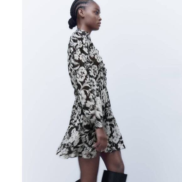 Zara Floral Print Mini Dress with Ruffles in Black / White - Picture 2 of 16